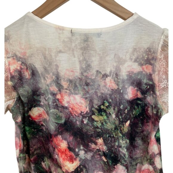 B.L.E.U. Womens Size Medium Floral Embellished Short Sleeve T-shirt Lace Sleeve - Picture 6 of 8